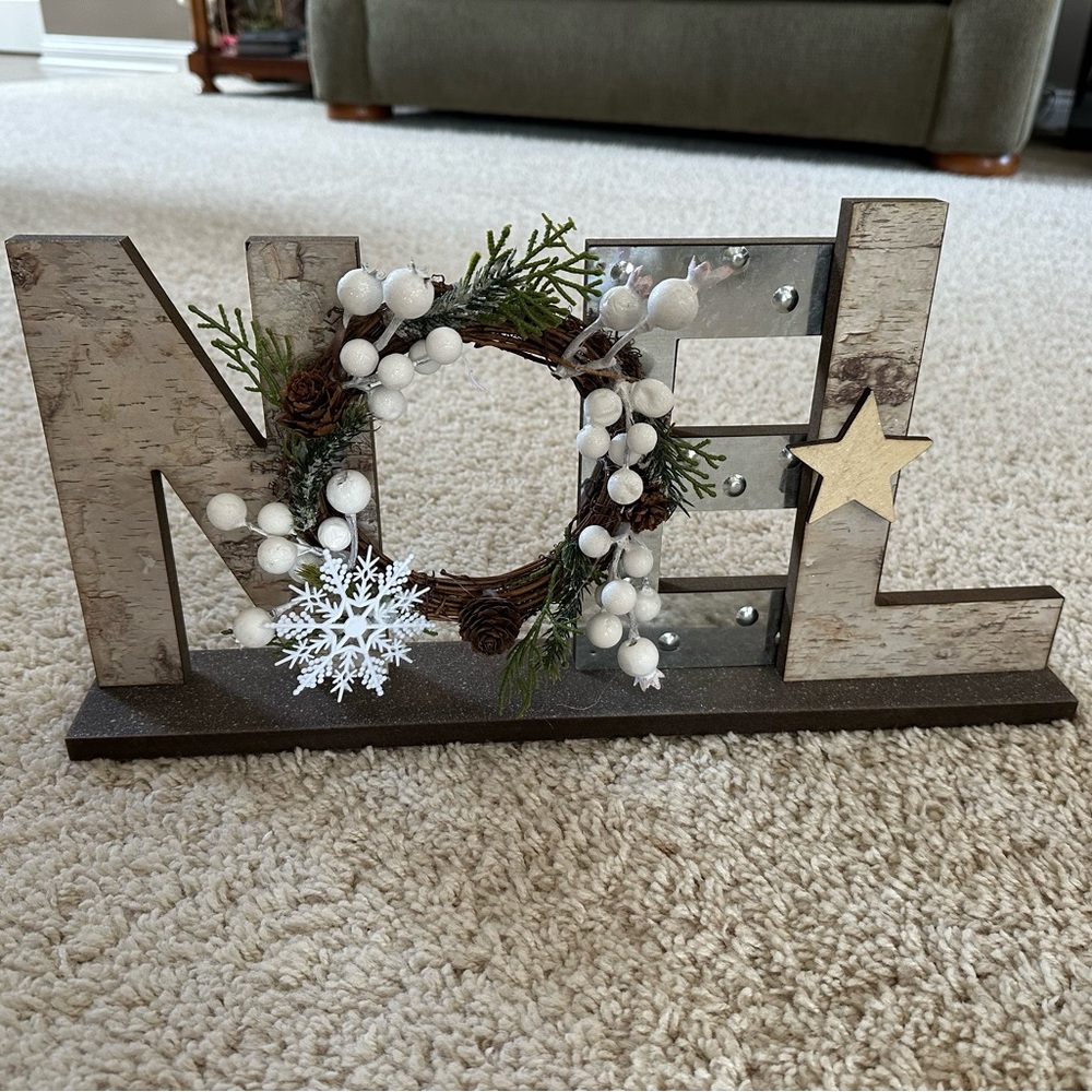Wooden Noel Holiday Decor in White and Brown